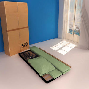 Letto contenitore una piazza e mezza in tessuto sfoderabile verde menta Baldiflex Licia Soft cartone