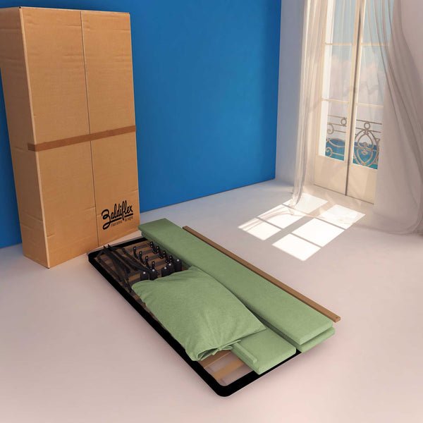 Letto contenitore una piazza e mezza in tessuto sfoderabile verde menta Baldiflex Licia Soft cartone