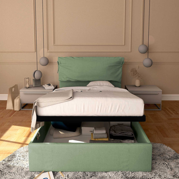 Letto contenitore una piazza e mezza in tessuto sfoderabile verde menta Baldiflex Licia Soft fronte