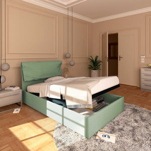 Letto contenitore una piazza e mezza in tessuto sfoderabile verde menta Baldiflex Licia Soft lato