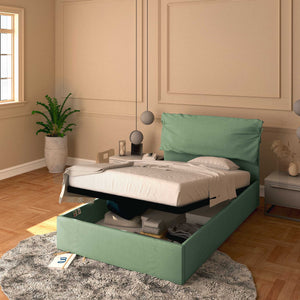 Letto contenitore una piazza e mezza in tessuto sfoderabile verde menta Baldiflex Licia Soft 
