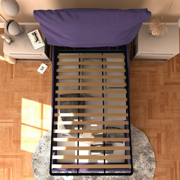 Letto contenitore una piazza e mezza in tessuto sfoderabile viola Baldiflex Licia Soft dall'alto