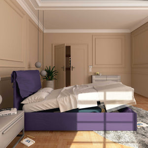 Letto contenitore una piazza e mezza in tessuto sfoderabile viola Baldiflex Licia Soft laterale