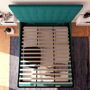 Letto contenitore una piazza e mezza in tessuto turchese Baldiflex Dublino dall'alto