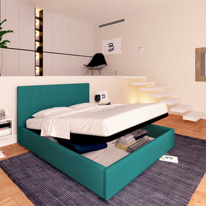 Letto contenitore una piazza e mezza in tessuto turchese Baldiflex Dublino lato