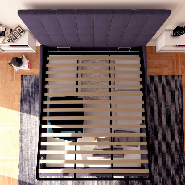 Letto contenitore una piazza e mezza in tessuto viola Baldiflex Dublino dall'alto