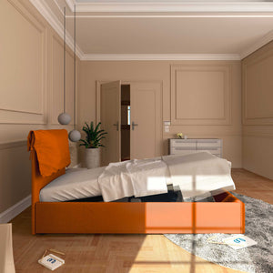 Letto contenitore singolo in ecopelle sfoderabile arancione Baldiflex Licia Soft laterale