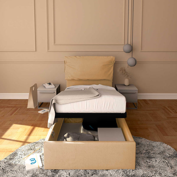 Letto contenitore singolo in ecopelle sfoderabile beige Baldiflex Licia Soft fronte