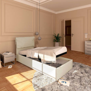 Letto contenitore singolo in ecopelle sfoderabile beige chiaro Baldiflex Licia Soft lato