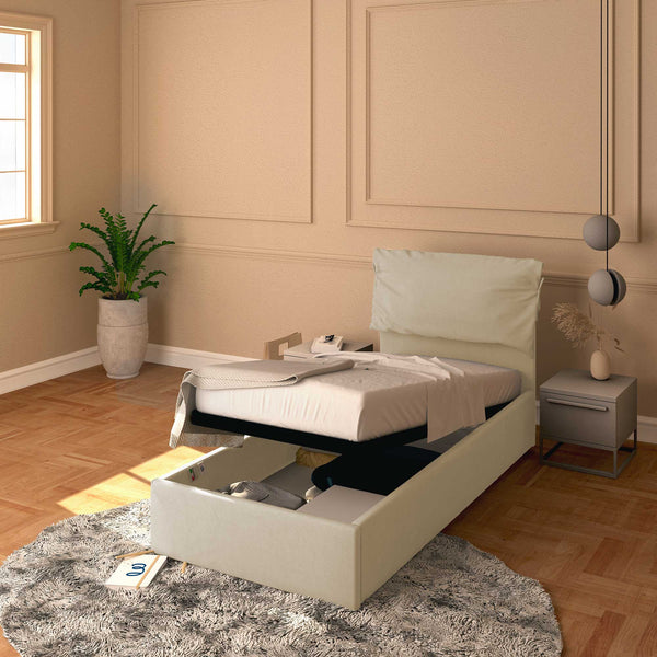 Letto contenitore singolo in ecopelle sfoderabile beige chiaro Baldiflex Licia Soft 
