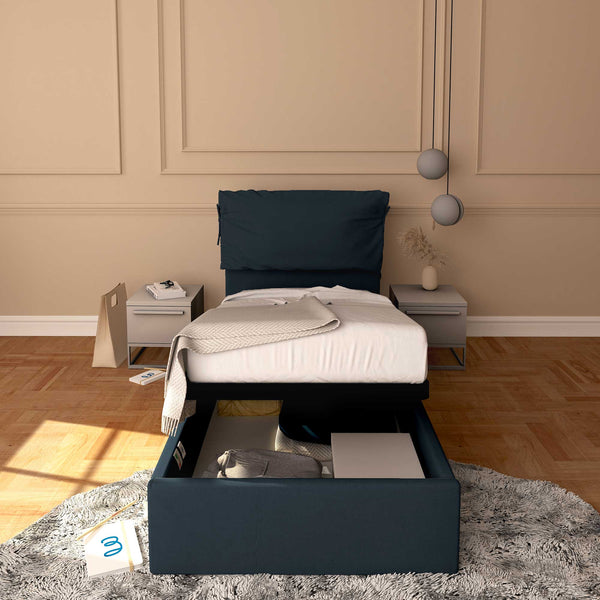 Letto contenitore singolo in ecopelle sfoderabile blu notte Baldiflex Licia Soft fronte