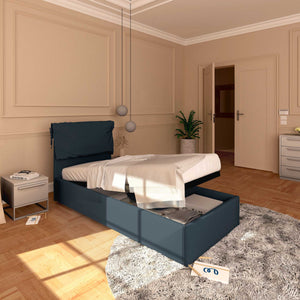 Letto contenitore singolo in ecopelle sfoderabile blu notte Baldiflex Licia Soft lato