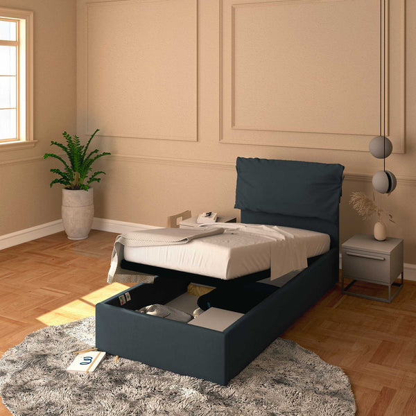 Letto contenitore singolo in ecopelle sfoderabile blu notte Baldiflex Licia Soft 