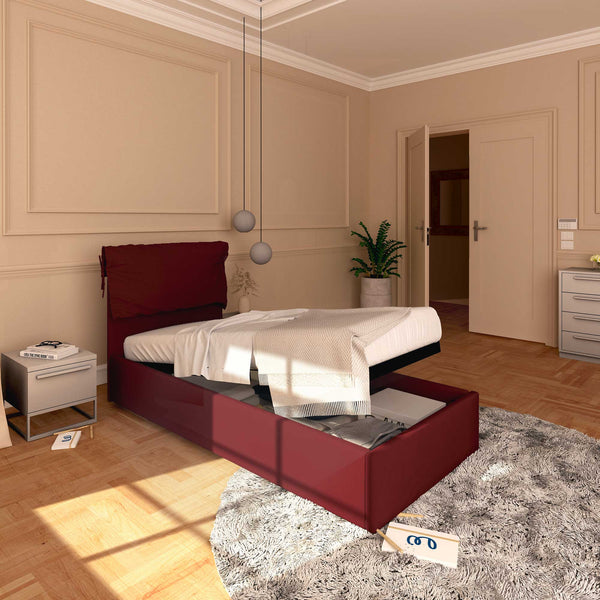Letto contenitore singolo in ecopelle sfoderabile bordeaux Baldiflex Licia Soft lato