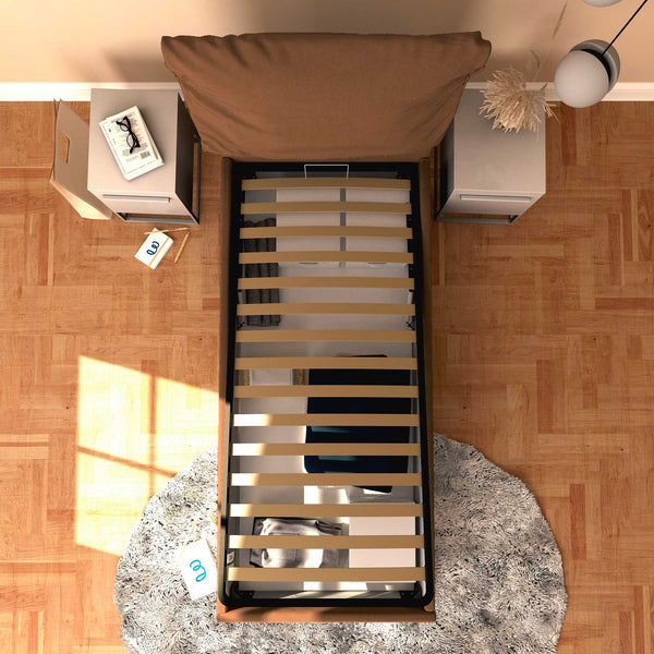 Letto contenitore singolo in ecopelle sfoderabile caffè Baldiflex Licia Soft dall'alto