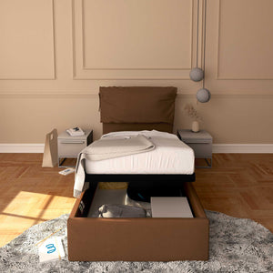 Letto contenitore singolo in ecopelle sfoderabile caffè Baldiflex Licia Soft fronte