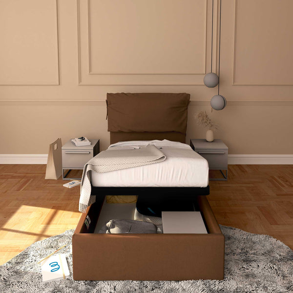 Letto contenitore singolo in ecopelle sfoderabile caffè Baldiflex Licia Soft fronte