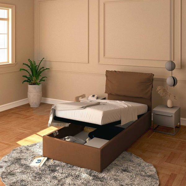 Letto contenitore singolo in ecopelle sfoderabile caffè Baldiflex Licia Soft 