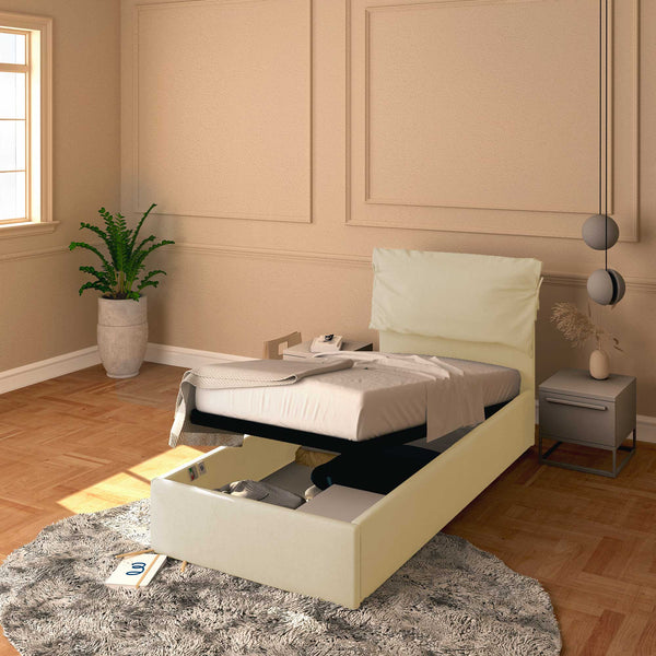 Letto contenitore singolo in ecopelle sfoderabile crema Baldiflex Licia Soft 