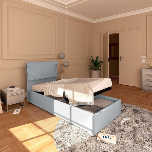 Letto contenitore singolo in ecopelle sfoderabile grigio chiaro Baldiflex Licia Soft lato
