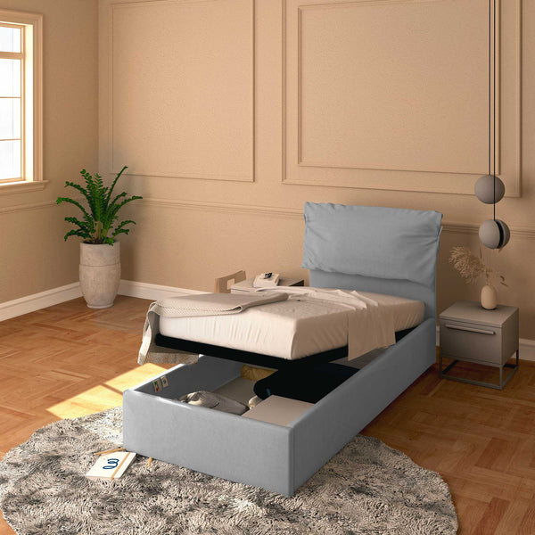 Letto contenitore singolo in ecopelle sfoderabile grigio chiaro Baldiflex Licia Soft 