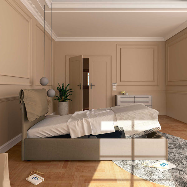 Letto contenitore singolo in ecopelle sfoderabile grigio talpa Baldiflex Licia Soft laterale