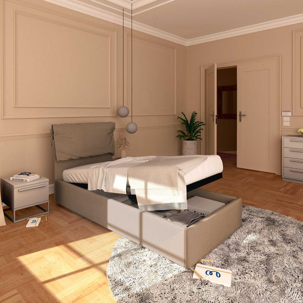 Letto contenitore singolo in ecopelle sfoderabile grigio talpa Baldiflex Licia Soft lato