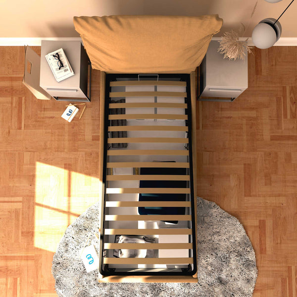 Letto contenitore singolo in ecopelle sfoderabile marrone chiaro Baldiflex Licia Soft dall'alto