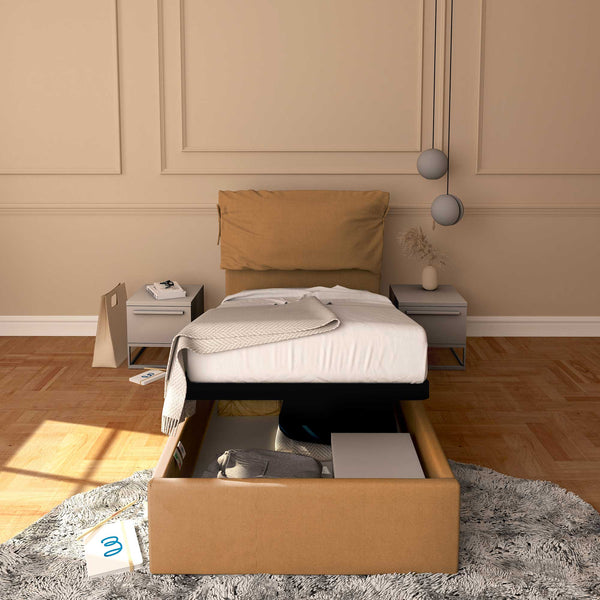 Letto contenitore singolo in ecopelle sfoderabile marrone chiaro Baldiflex Licia Soft fronte