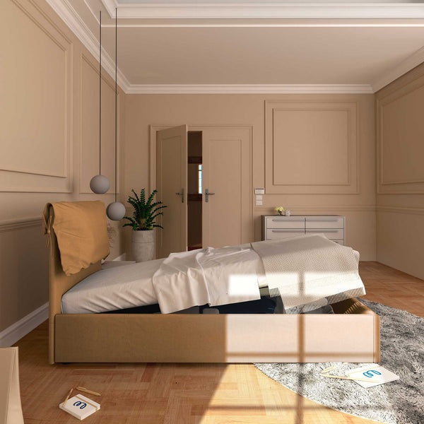 Letto contenitore singolo in ecopelle sfoderabile marrone chiaro Baldiflex Licia Soft laterale