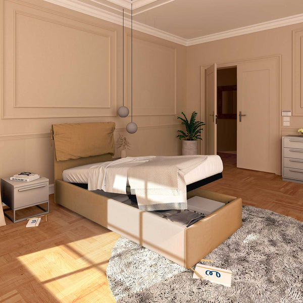 Letto contenitore singolo in ecopelle sfoderabile marrone chiaro Baldiflex Licia Soft lato