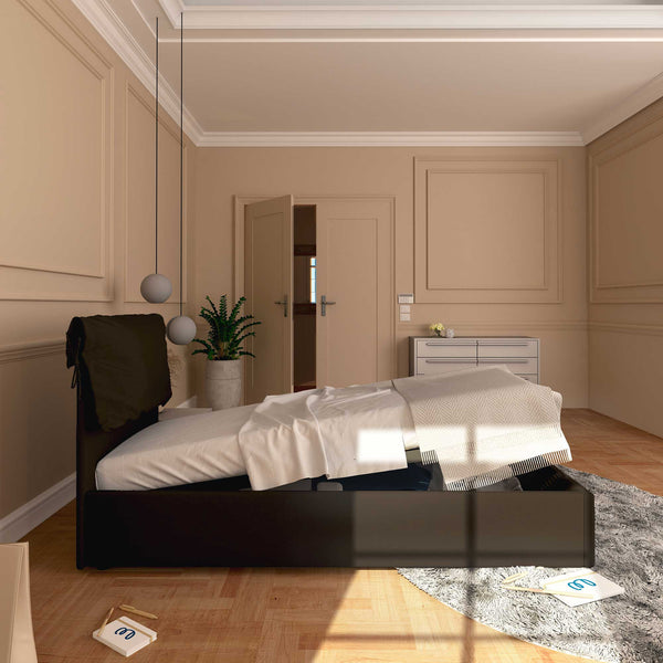 Letto contenitore singolo in ecopelle sfoderabile marrone scuro Baldiflex Licia Soft laterale