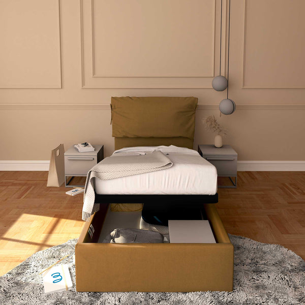Letto contenitore singolo in ecopelle sfoderabile nocciola Baldiflex Licia Soft fronte