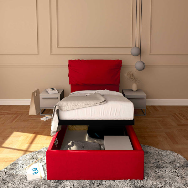 Letto contenitore singolo in ecopelle sfoderabile rosso Baldiflex Licia Soft fronte