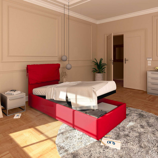 Letto contenitore singolo in ecopelle sfoderabile rosso Baldiflex Licia Soft lato