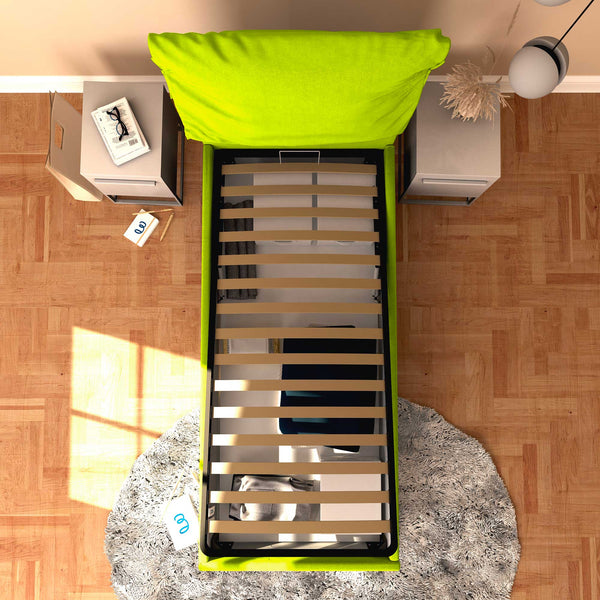 Letto contenitore singolo in ecopelle sfoderabile verde mela Baldiflex Licia Soft dall'alto