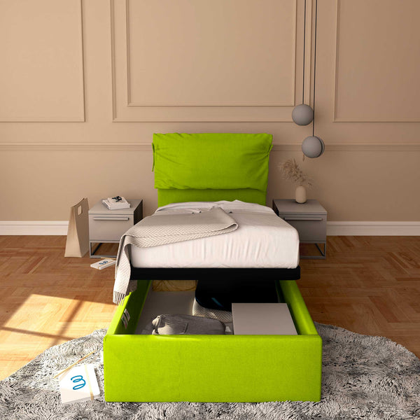 Letto contenitore singolo in ecopelle sfoderabile verde mela Baldiflex Licia Soft fronte