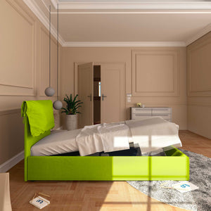 Letto contenitore singolo in ecopelle sfoderabile verde mela Baldiflex Licia Soft laterale