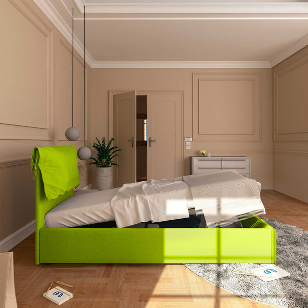 Letto contenitore singolo in ecopelle sfoderabile verde mela Baldiflex Licia Soft laterale