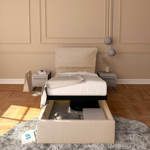 Letto contenitore singolo in tessuto sfoderabile beige Licia Soft Baldiflex fronte
