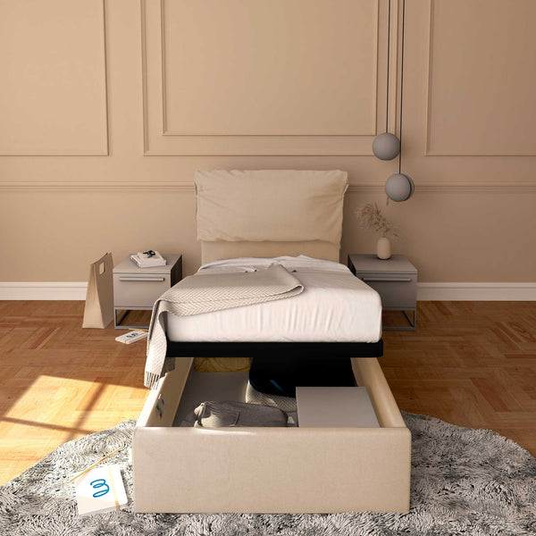 Letto contenitore singolo in tessuto sfoderabile beige Licia Soft Baldiflex fronte