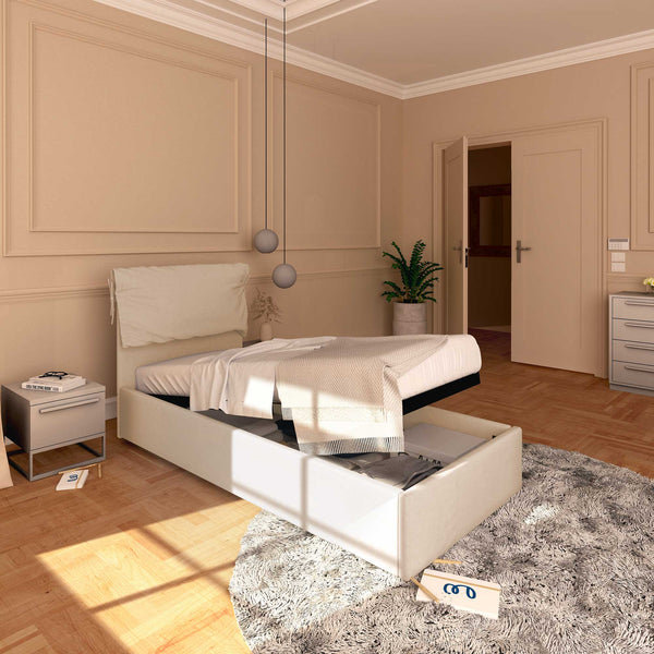 Letto contenitore singolo in tessuto sfoderabile beige Licia Soft Baldiflex lato