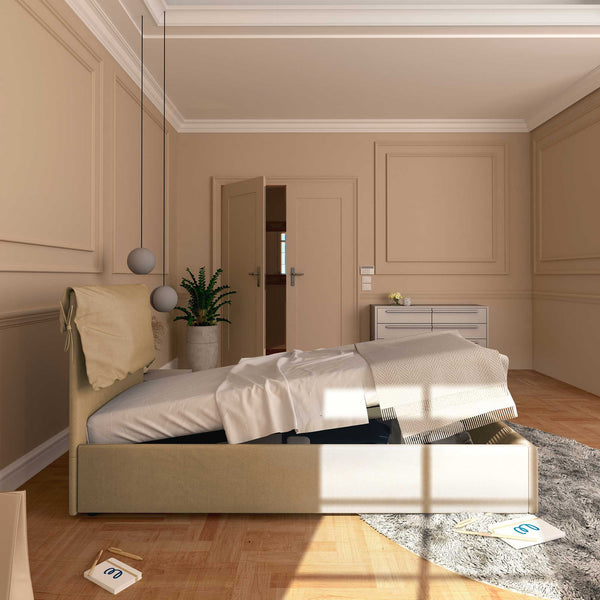 Letto contenitore singolo in tessuto sfoderabile cammello Licia Soft Baldiflex laterale