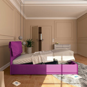 Letto contenitore singolo in tessuto sfoderabile fucsia Licia Soft Baldiflex laterale