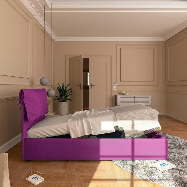 Letto contenitore singolo in tessuto sfoderabile fucsia Licia Soft Baldiflex laterale