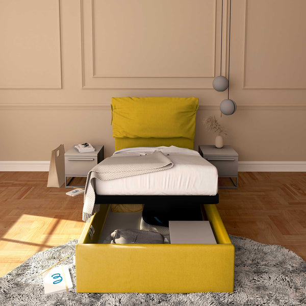 Letto contenitore singolo in tessuto sfoderabile giallo senape Licia Soft Baldiflex fronte