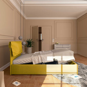 Letto contenitore singolo in tessuto sfoderabile giallo senape Licia Soft Baldiflex laterale