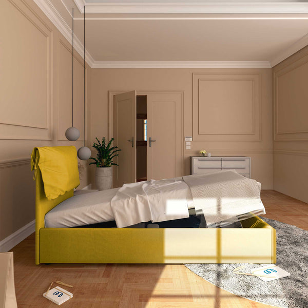 Letto contenitore singolo in tessuto sfoderabile giallo senape Licia Soft Baldiflex laterale