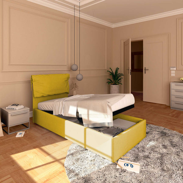 Letto contenitore singolo in tessuto sfoderabile giallo senape Licia Soft Baldiflex lato