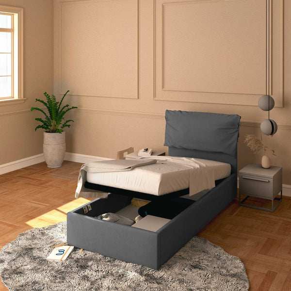 Letto contenitore singolo in tessuto sfoderabile grigio antracite Licia Soft Baldiflex